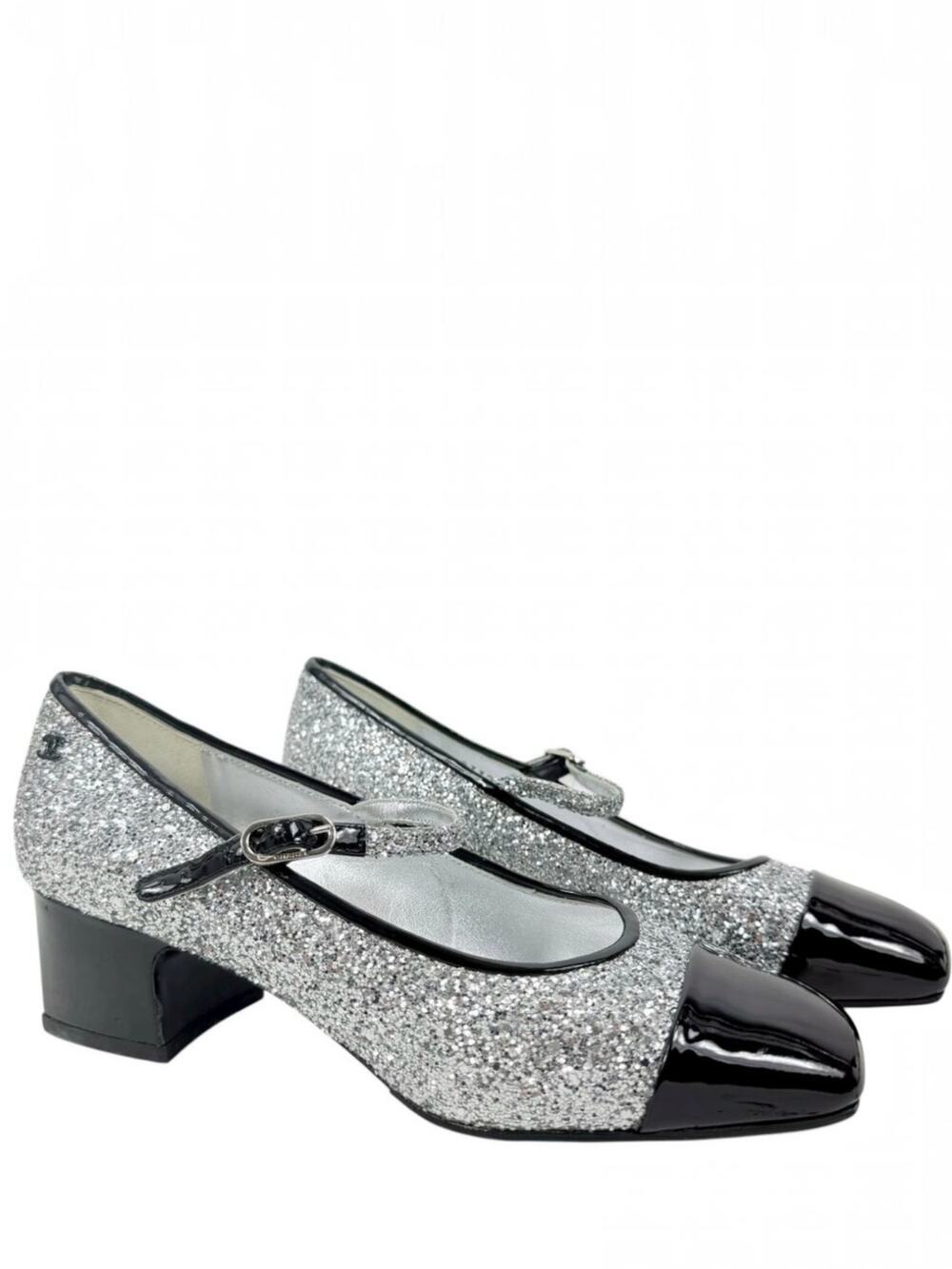 Chanel Glitter Patent Leather Cap Toe Mary Jane Pumps Silver Size 39.5